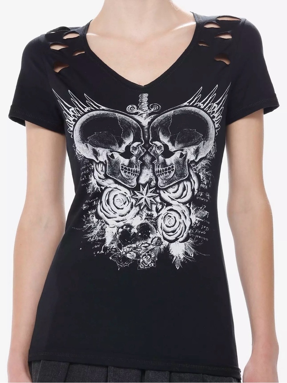 Social collision V-Neck Tee with Skull & Rose Design